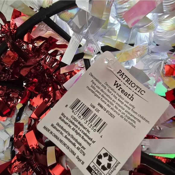 4th of July, Patriotic Stars and Stripes Tinsel Wreath, Red/White/Blue, 16", New - Picture 3 of 7